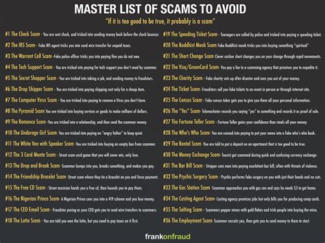 Scammers list - Scam alerts. Scammers are always changing their approach, so when we become aware of a new and reoccurring type of scam or a new tactic scammers are using, we'll add info about it below. While this list can help you identify scam activity, there may be other scams that aren’t listed here. Always try to protect yourself from scams by ...